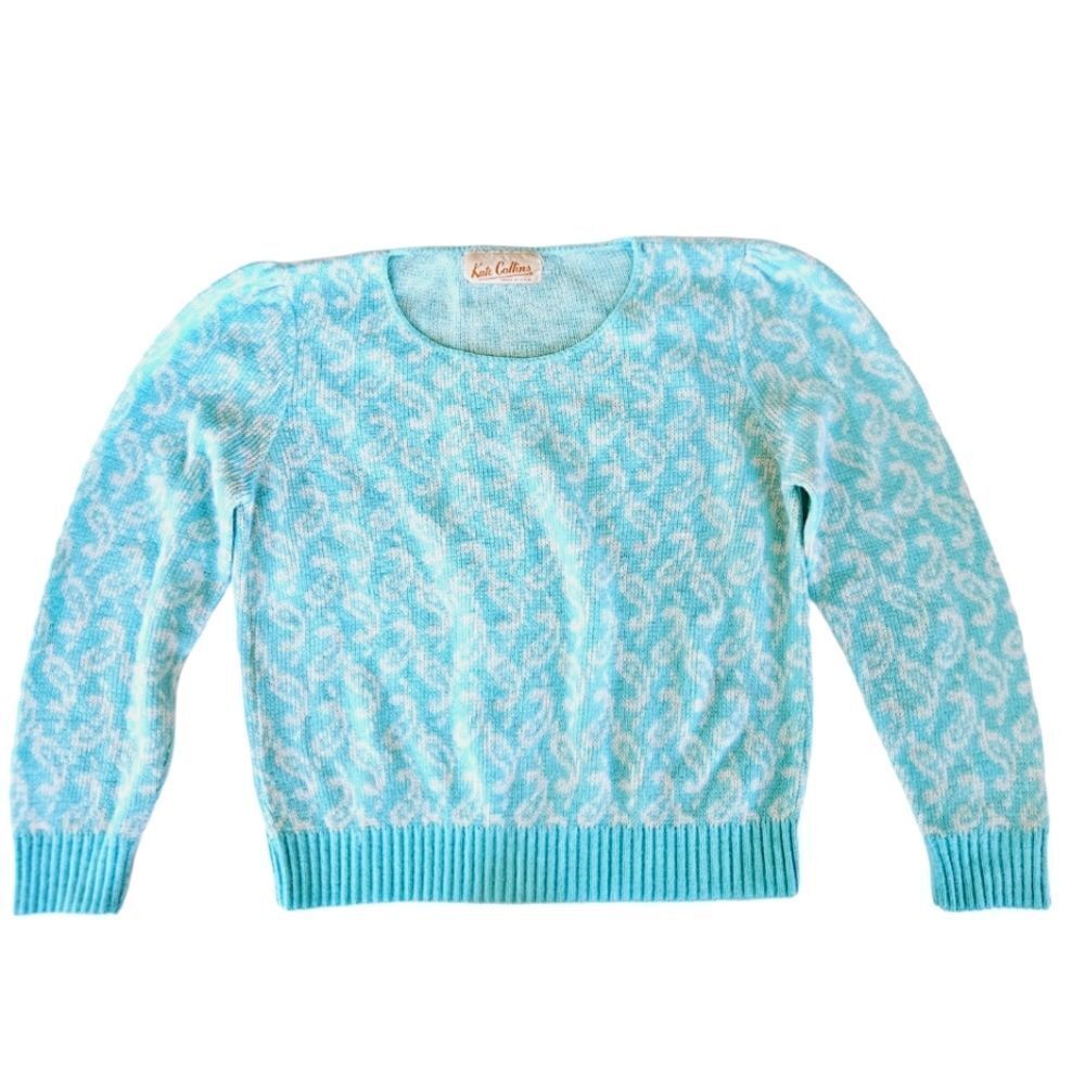 Vintage Kate Collins Blue Knit Puff Shoulder Paisley Pattern Crew Neck Sweater S